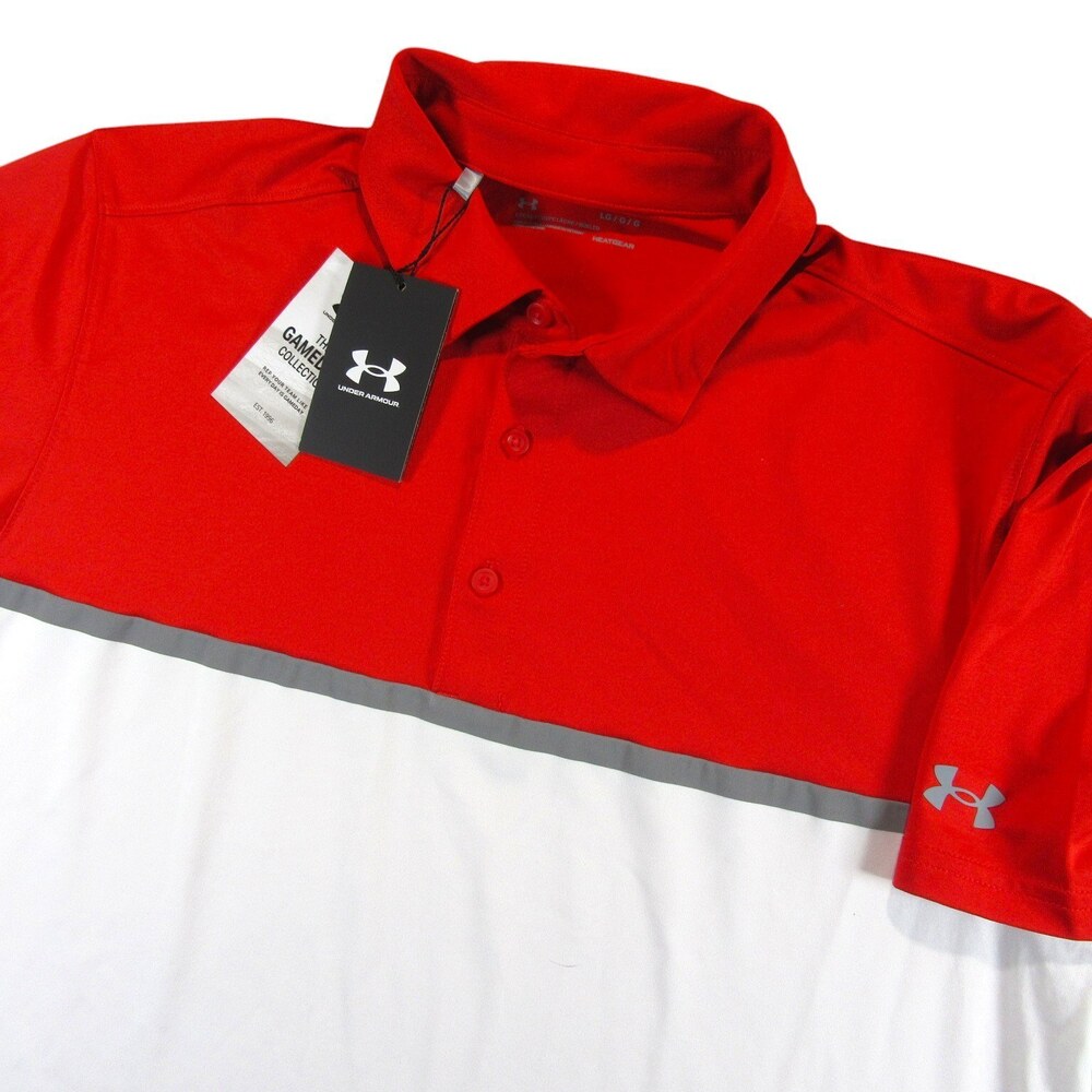 New Under Armour Mens Polo Shirt Gameday Collection L Red White Striped